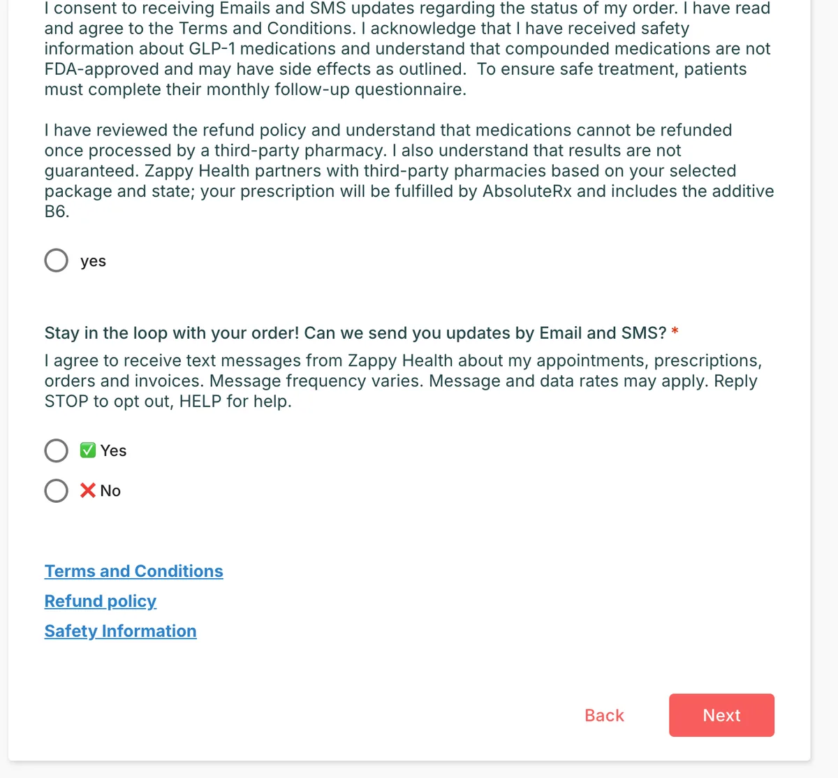 Zappy Health intake form showing the SMS consent question with Yes and No options